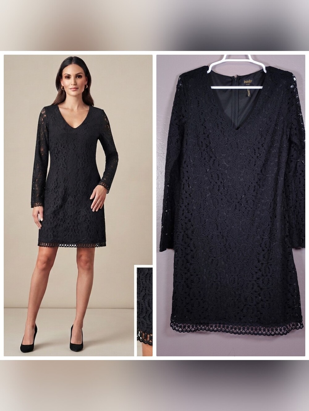 Laundry By Shelli Segal Black v Neck  Lace Evening Dress Size 12 Long Sleeve